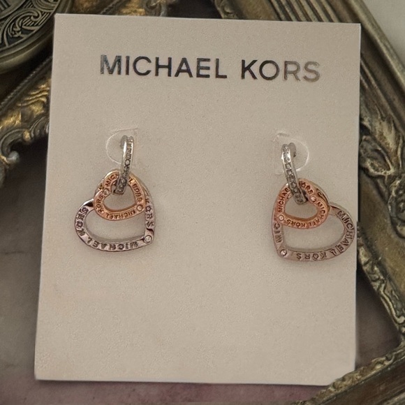 MICHAEL KORS • Silver Interlocking Rose Gold Logo Heart Earrings - Picture 3 of 3